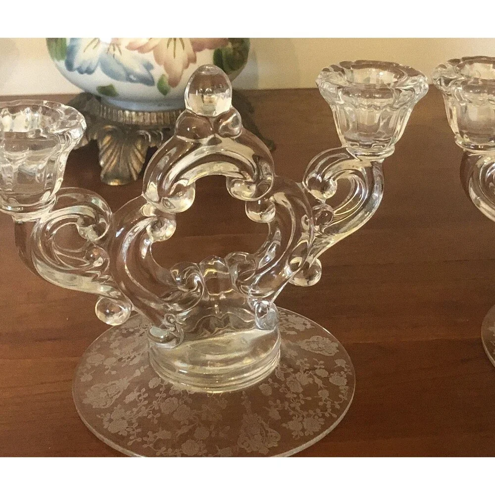 Vintage Set 1950s Cambridge Rose  Point Etched Fouled Candelabras